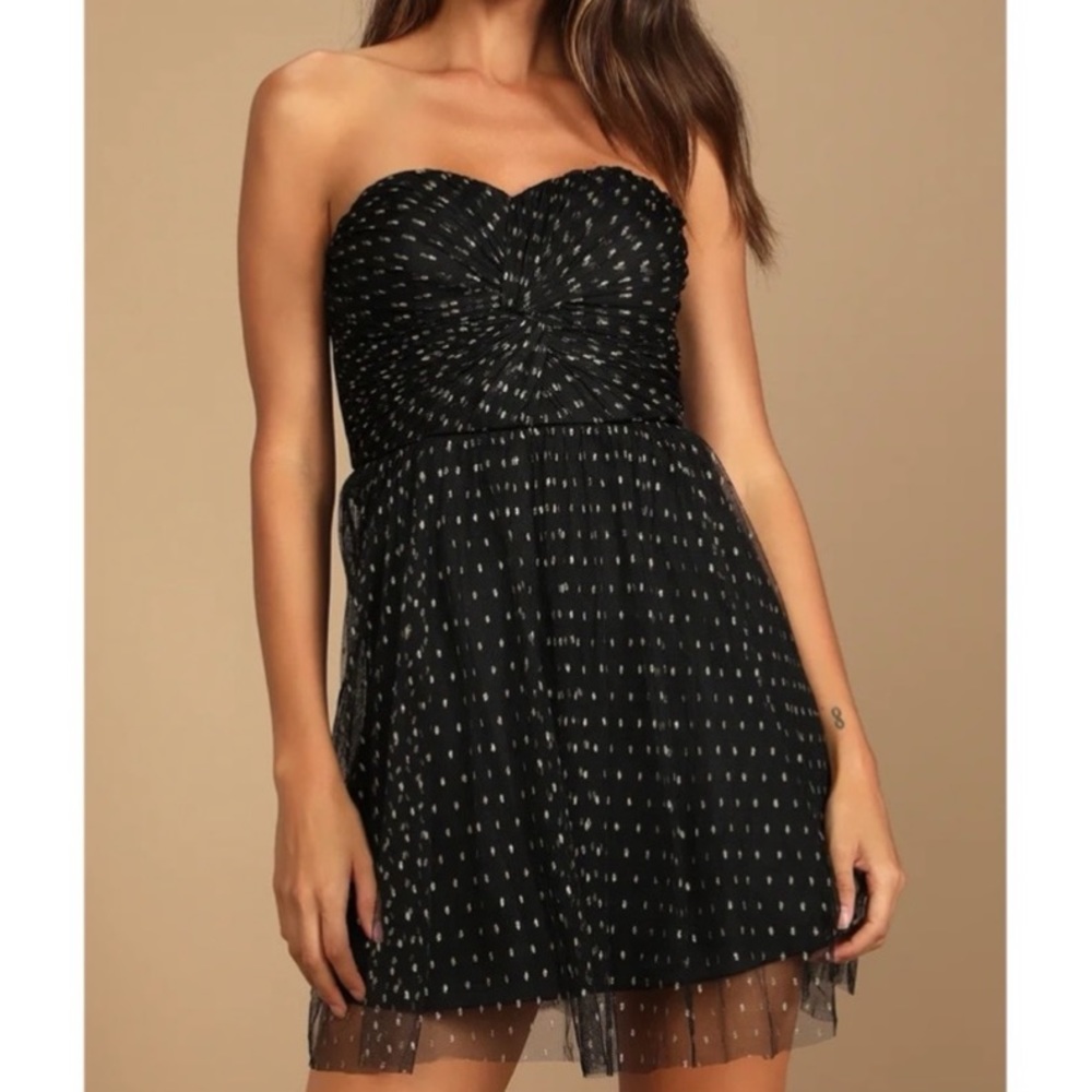NWT Lulus Destined for Dancing Black Polka Dot Mesh Strapless Mini Dress Small